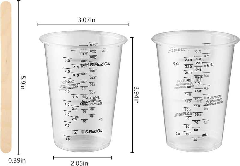 DQELFA 50PCS Resin Epoxy Mixing Cups, 8oz Clear Plastic Paint Measuring Cups with 50pcs Wooden Stirring Sticks for Epoxy Resins, Mixing Paint, Pigments, Resins - Image 2